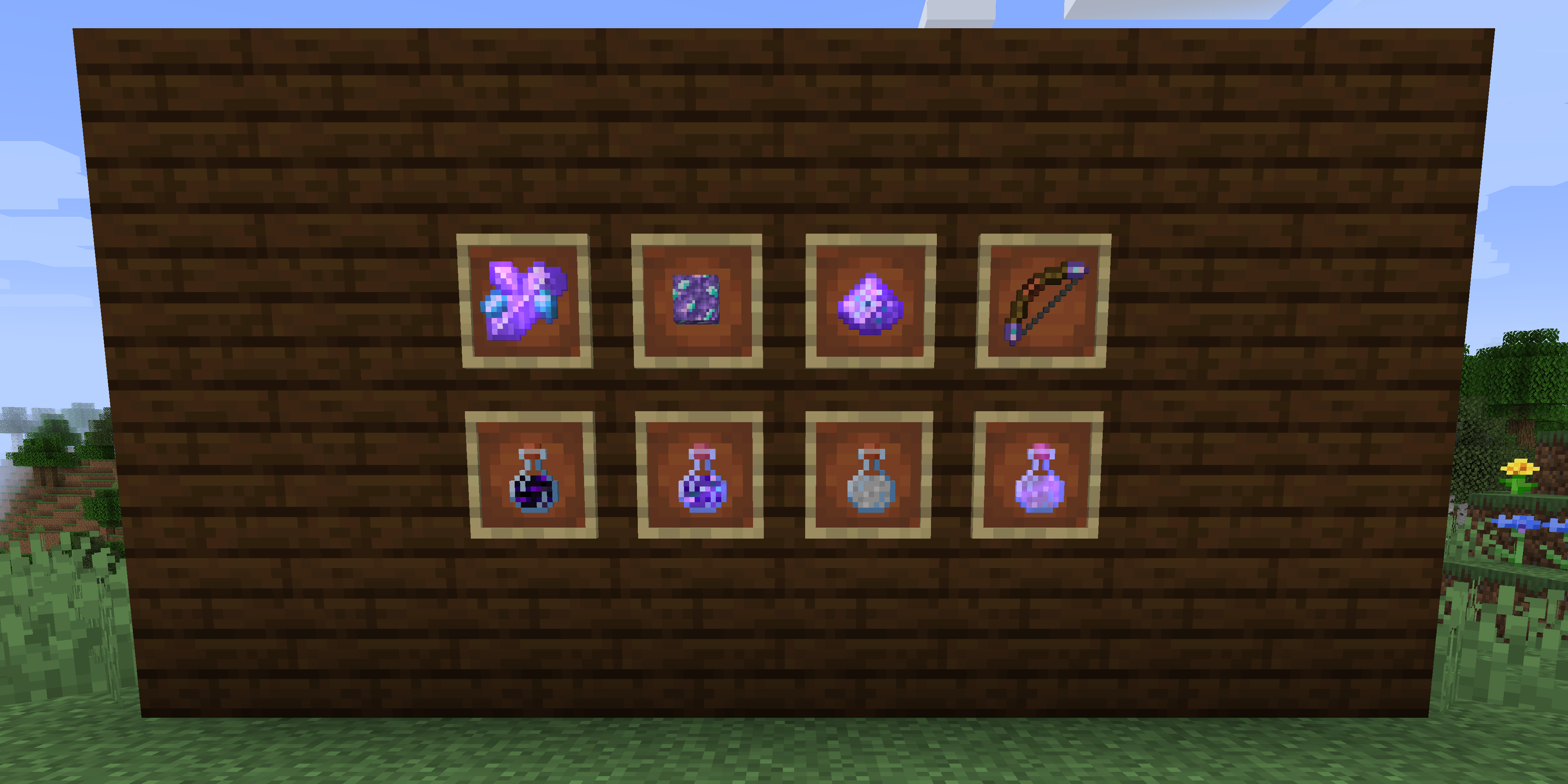 Diamethyst crystal, block, dust, bow, and potions.