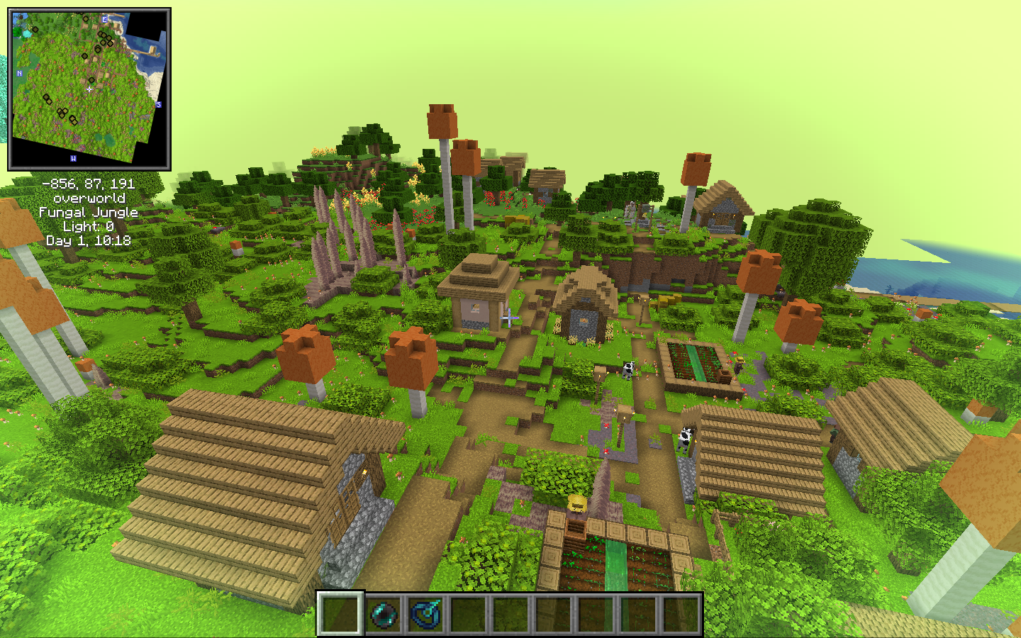 A village nested within a Fungal Jungle biome located above a dripstone cave
