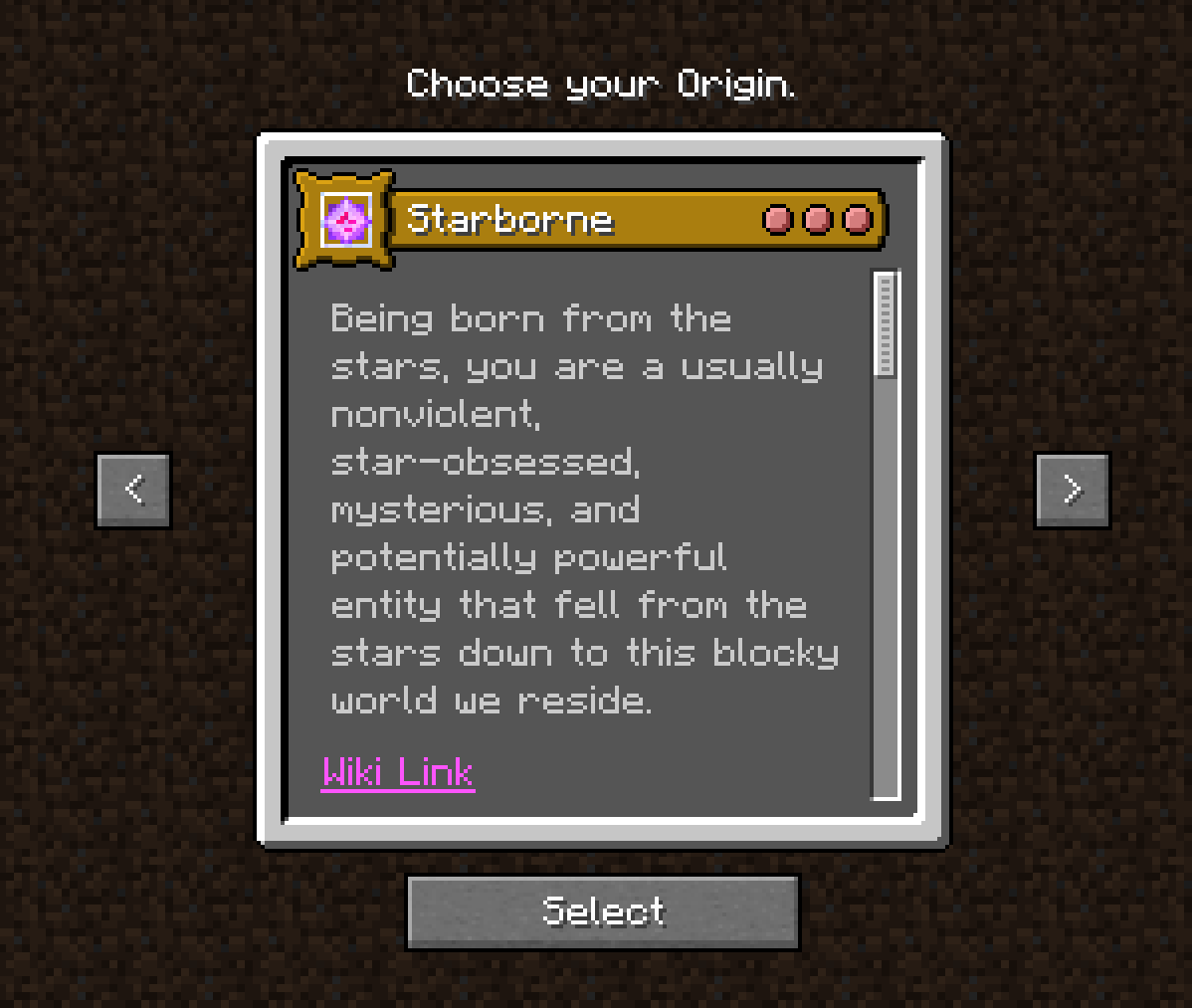 Starborne on the Origins Menu Screen