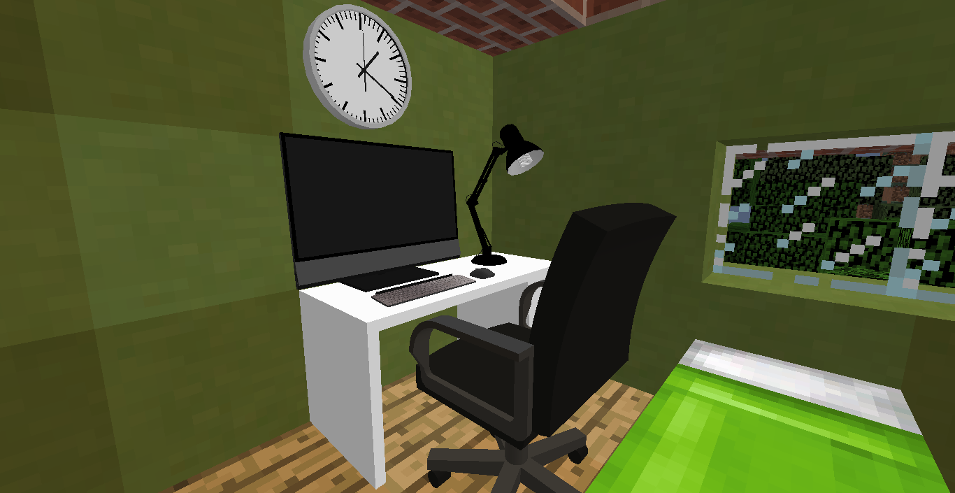 A Desk in the Study Room and the Computer, Wall Clock and Desk Lamp on the Desk