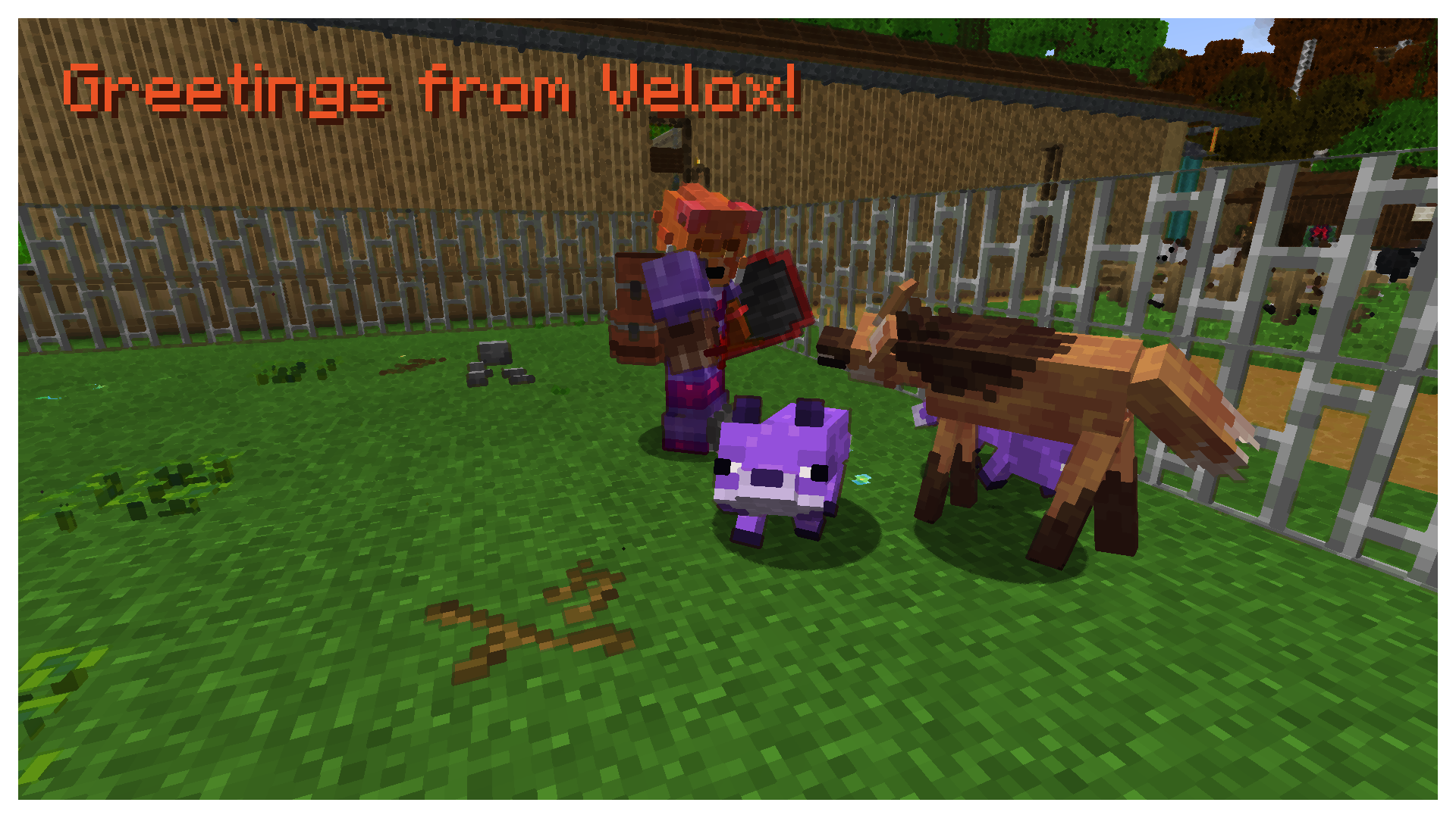 Showing off some of the mobs you can find such as the cosmic fox, and you can see some of the new building blocks such as new planks and gutters in the background.
