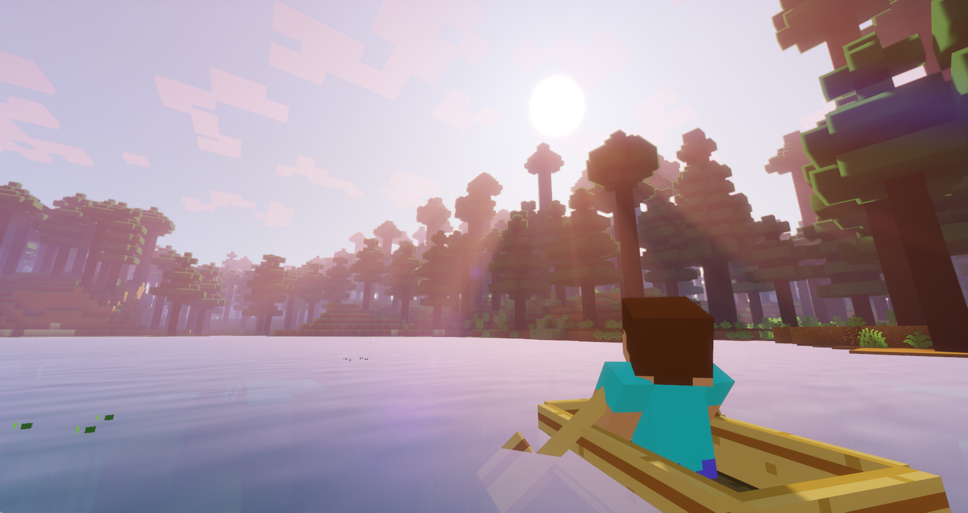 Steve riding a boat near a Spruce forest. (uses Barebones Resource Pack + Sildur's Vibrant Shaders)