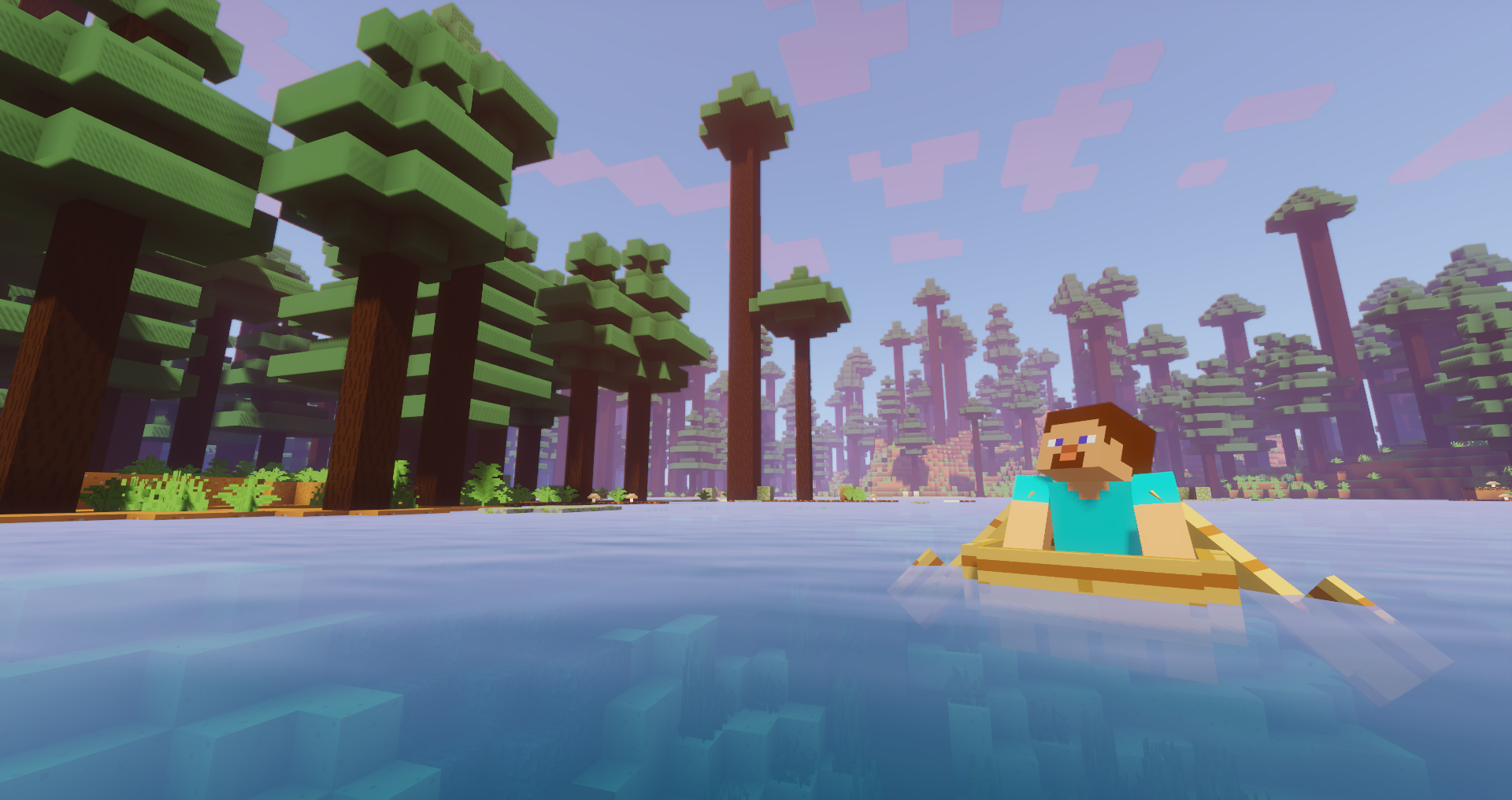 Steve gazing at the nearby spruce forest, while riding a boat. (uses Barebones Resource Pack + Sildur's Vibrant Shaders)