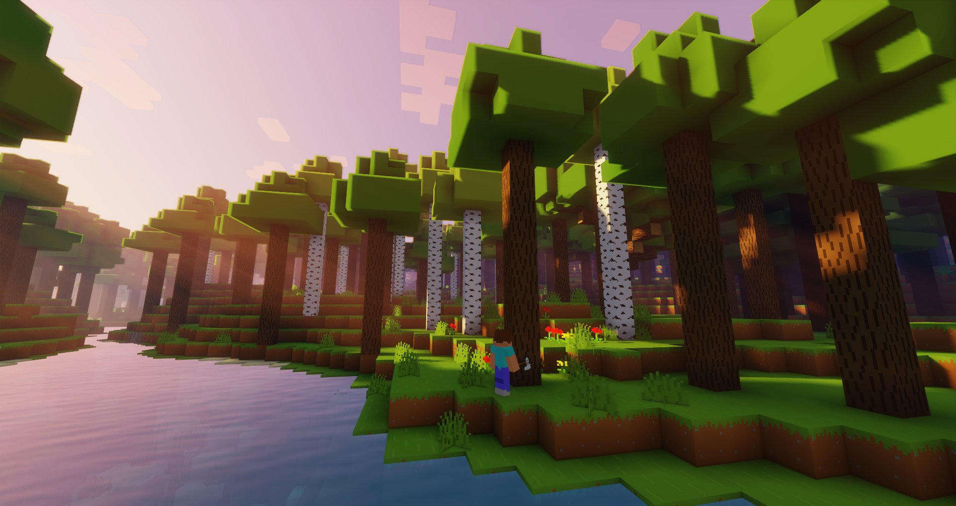 Steve chopping a tree in a forest! (uses Barebones Resource Pack + Sildur's Vibrant Shaders)