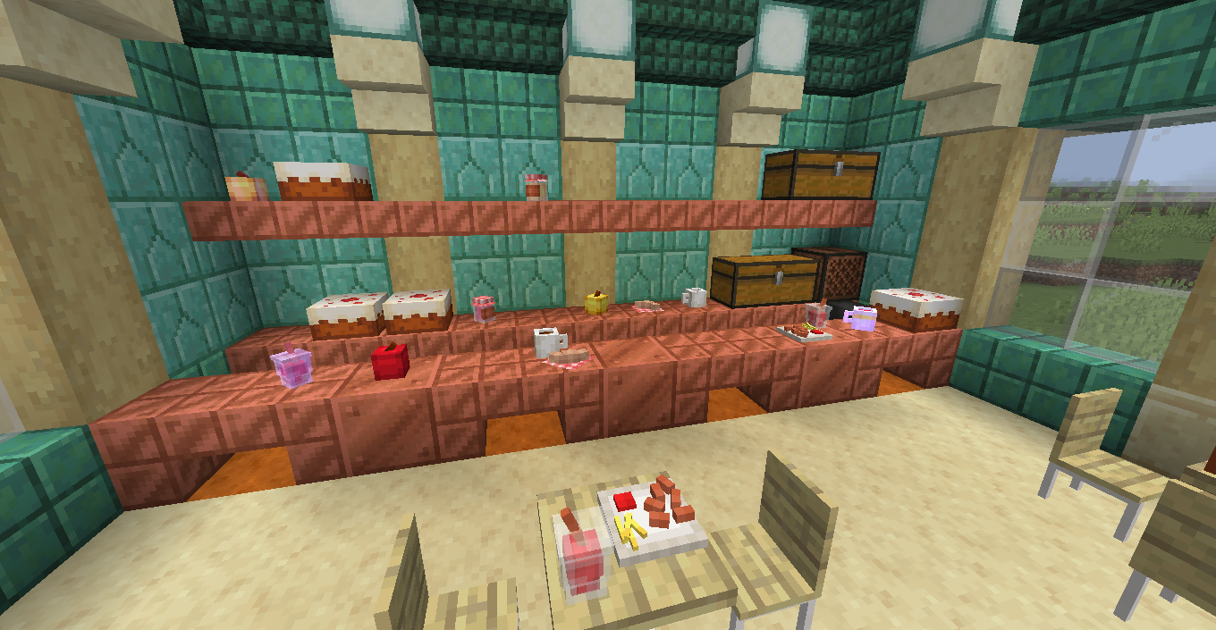 A café counter with an assortment of foods and drink.