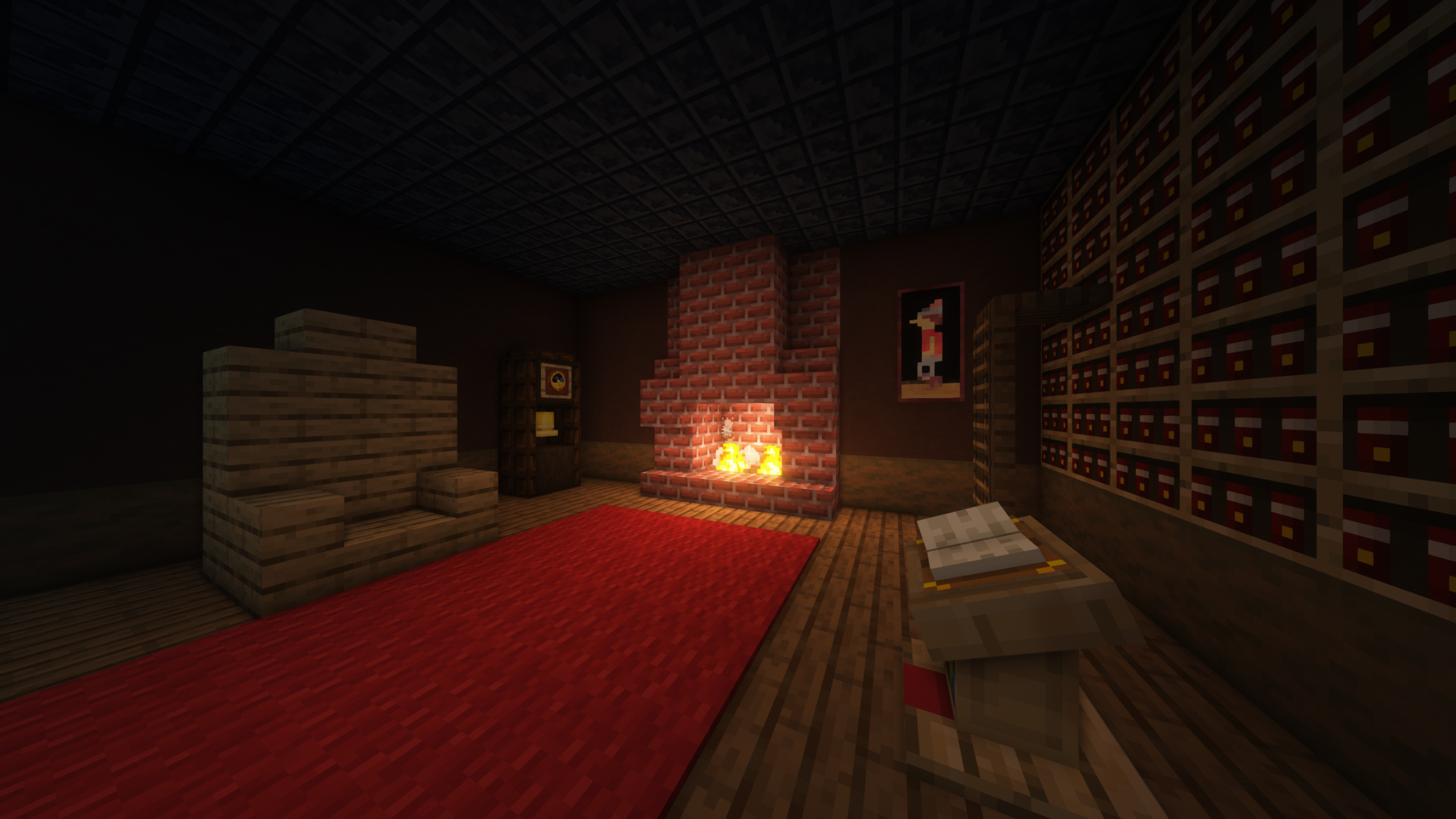 Here you can see the usage of the Encyclopedia Bookshelves as well as the Basalt Bricks as ceiling.