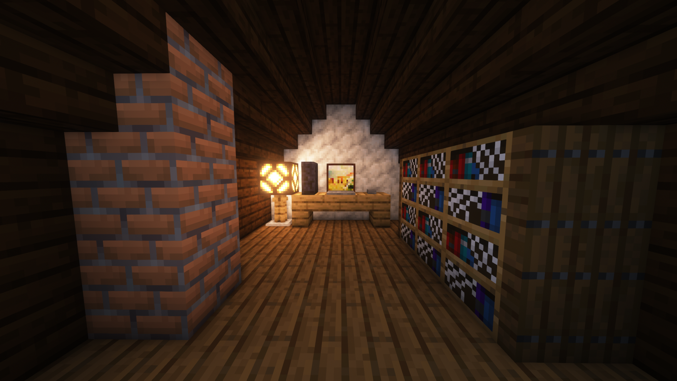 The Attic uses Brown Bricks as a chimney and the Bookshelves with Cobweb to cramp the room and give it a dirtier look.