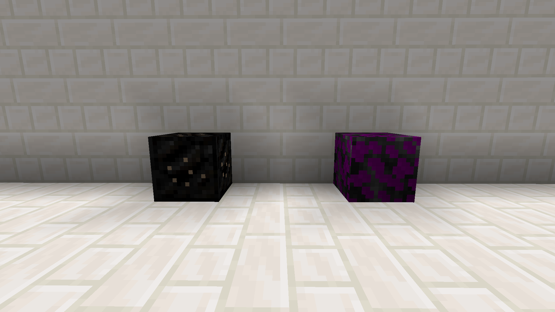 On the left is a dark block with a sprinkle of yellow-green and on the right is a vibrant purple-black block