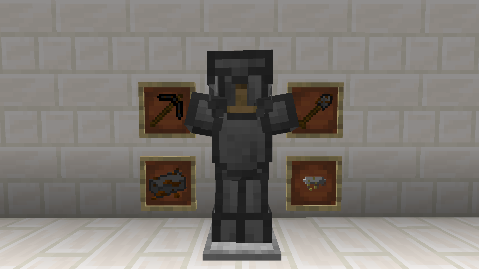 An array of grey armor, tools, and items are shown