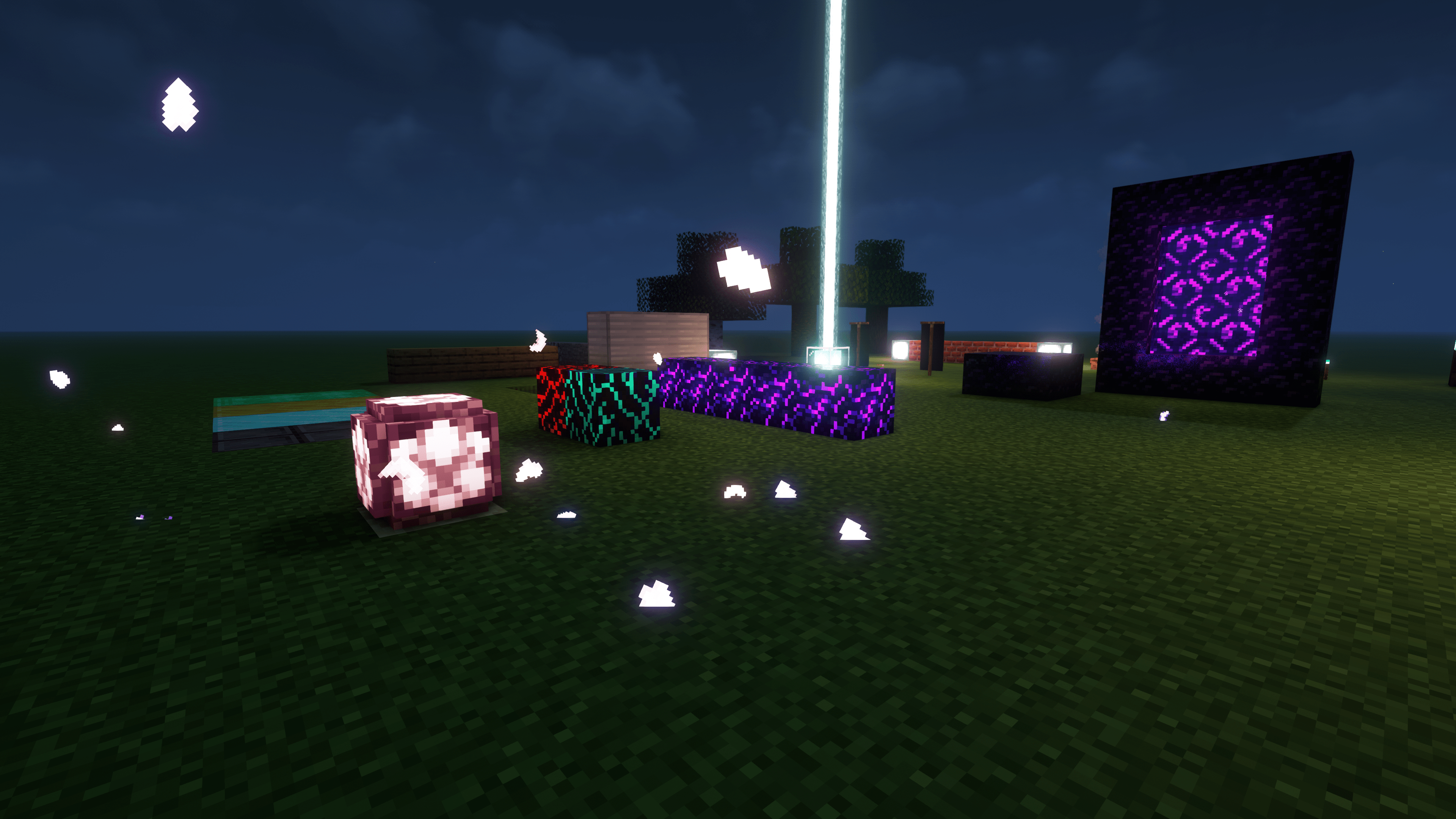Example showing emissive textures on hyphae blocks and crying obsidian. Chorus plant leaves are also shown