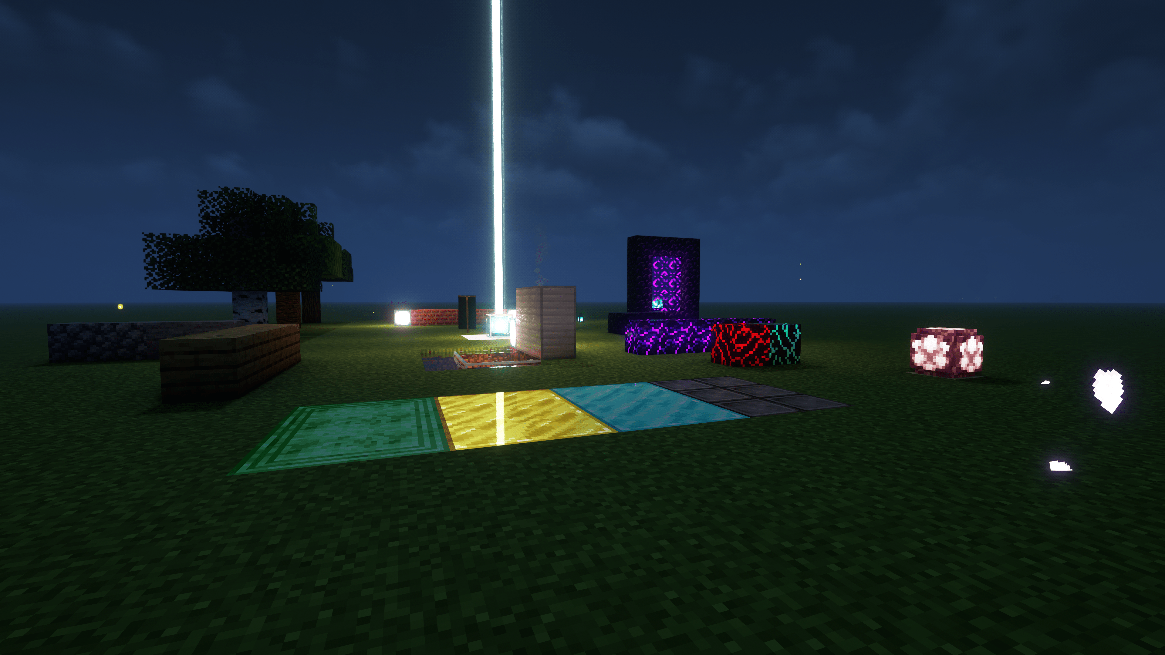 Example showing how connected textures work on resource blocks. Connected glass and fireflies are also seen in the background
