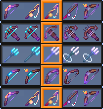 Pickaxe, Crossbow, Trident, Bow and Rod