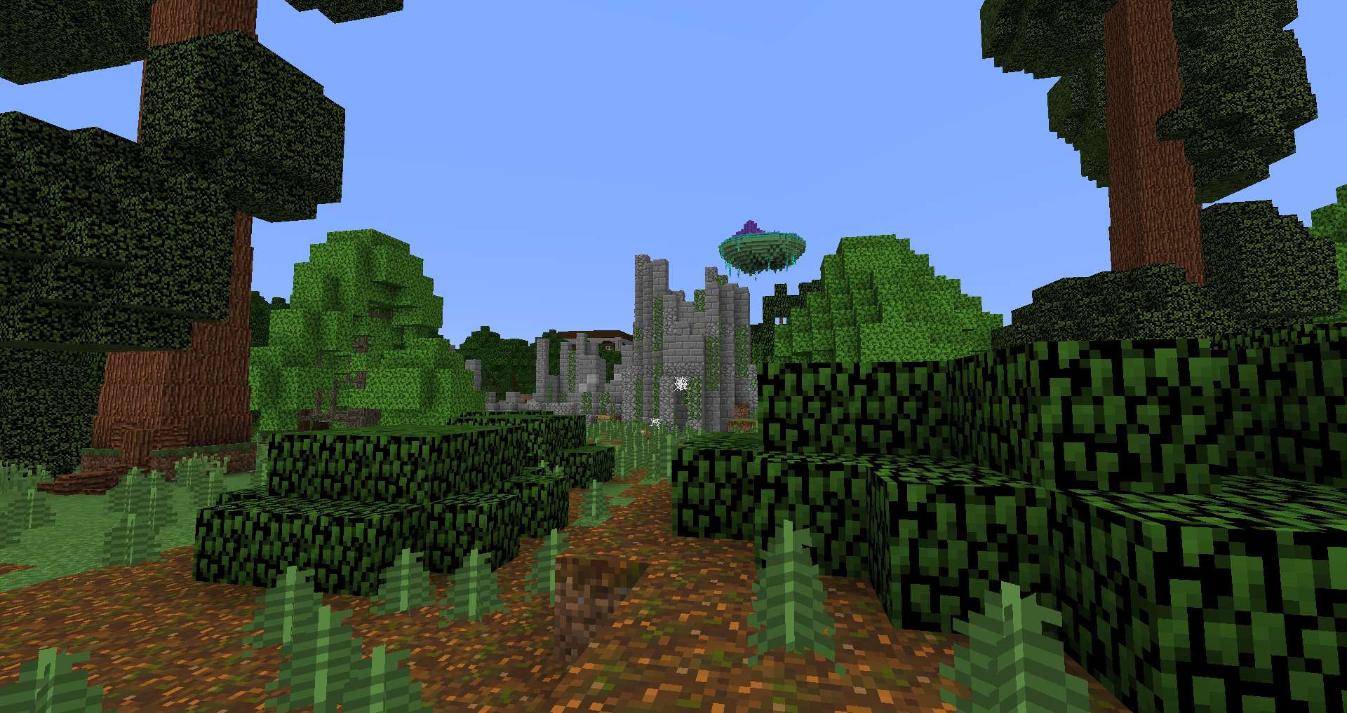 Destroyed castle in a redwood forest