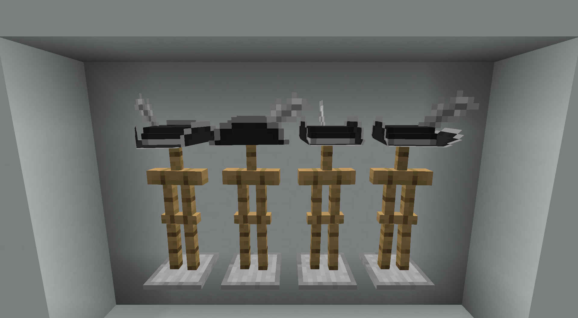 Thumbnail The white tricorn, bicorn, turned bicorn, and cavalier hats in order from left to right