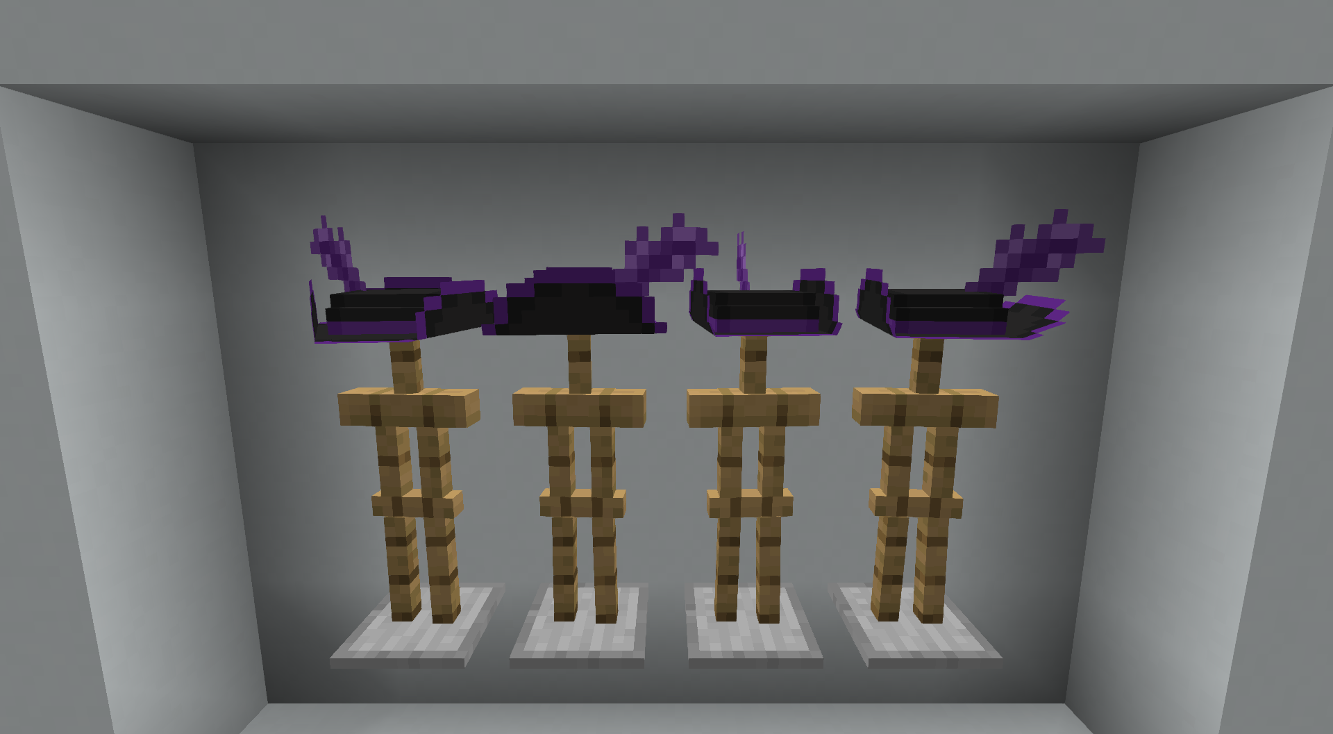 Thumbnail The purple tricorn, bicorn, turned bicorn, and cavalier hats in order from left to right