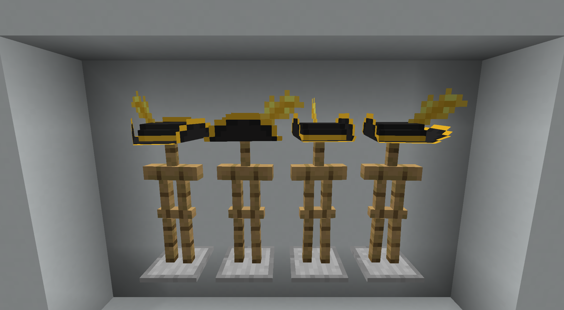 Thumbnail The yellow tricorn, bicorn, turned bicorn, and cavalier hats in order from left to right