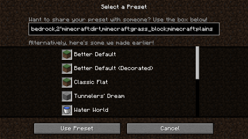 The flatworld preset menu showing 2 new presets