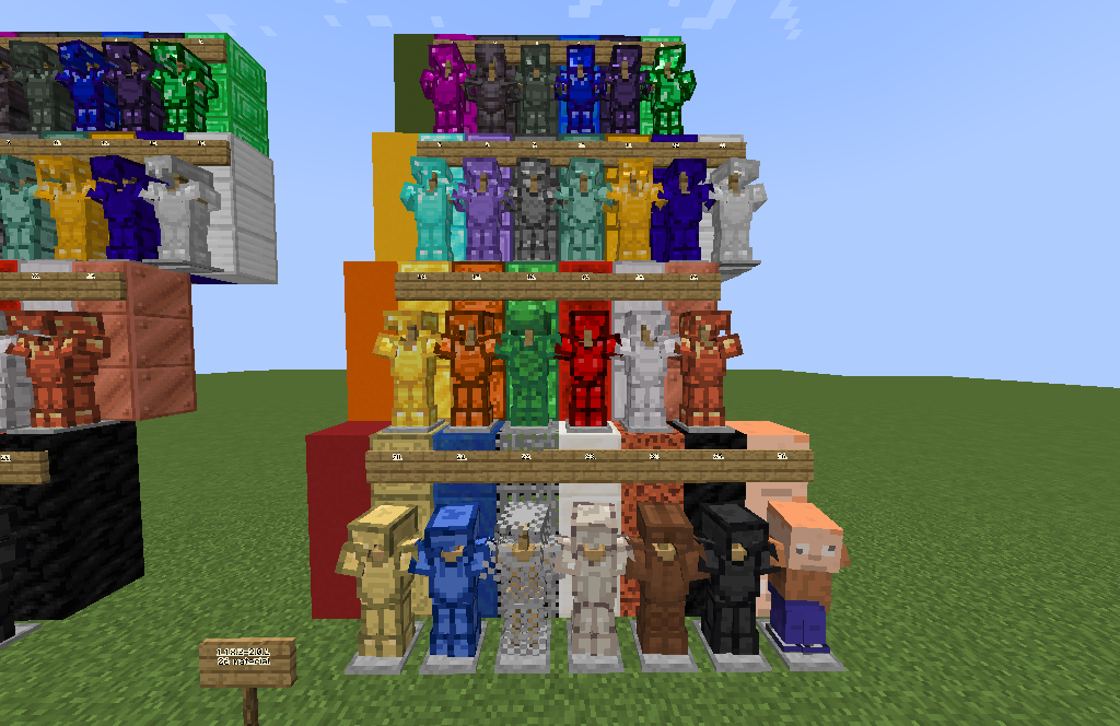 All types of armor in tiers, bottom is worst, upgrades from right to left