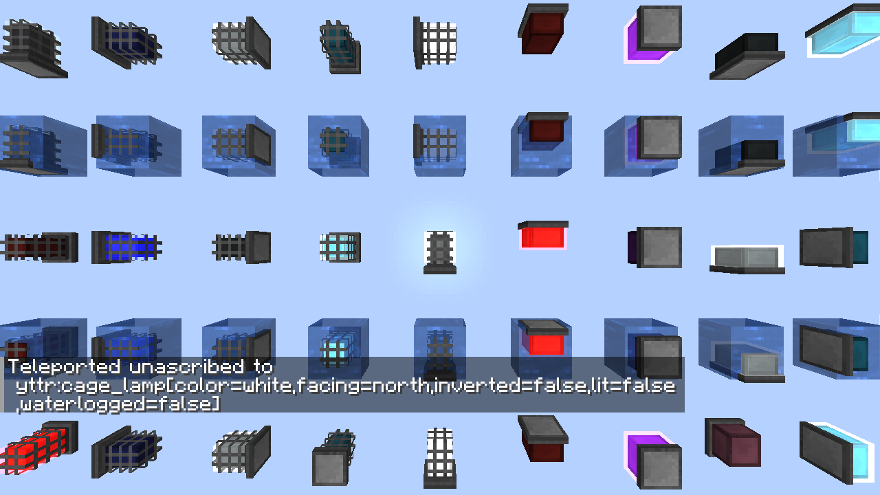 Blocks from Yttr in the debug world. Without Lucium, modded blocks do not show up. Also shown is output from the /l:dtp command that brought me here.