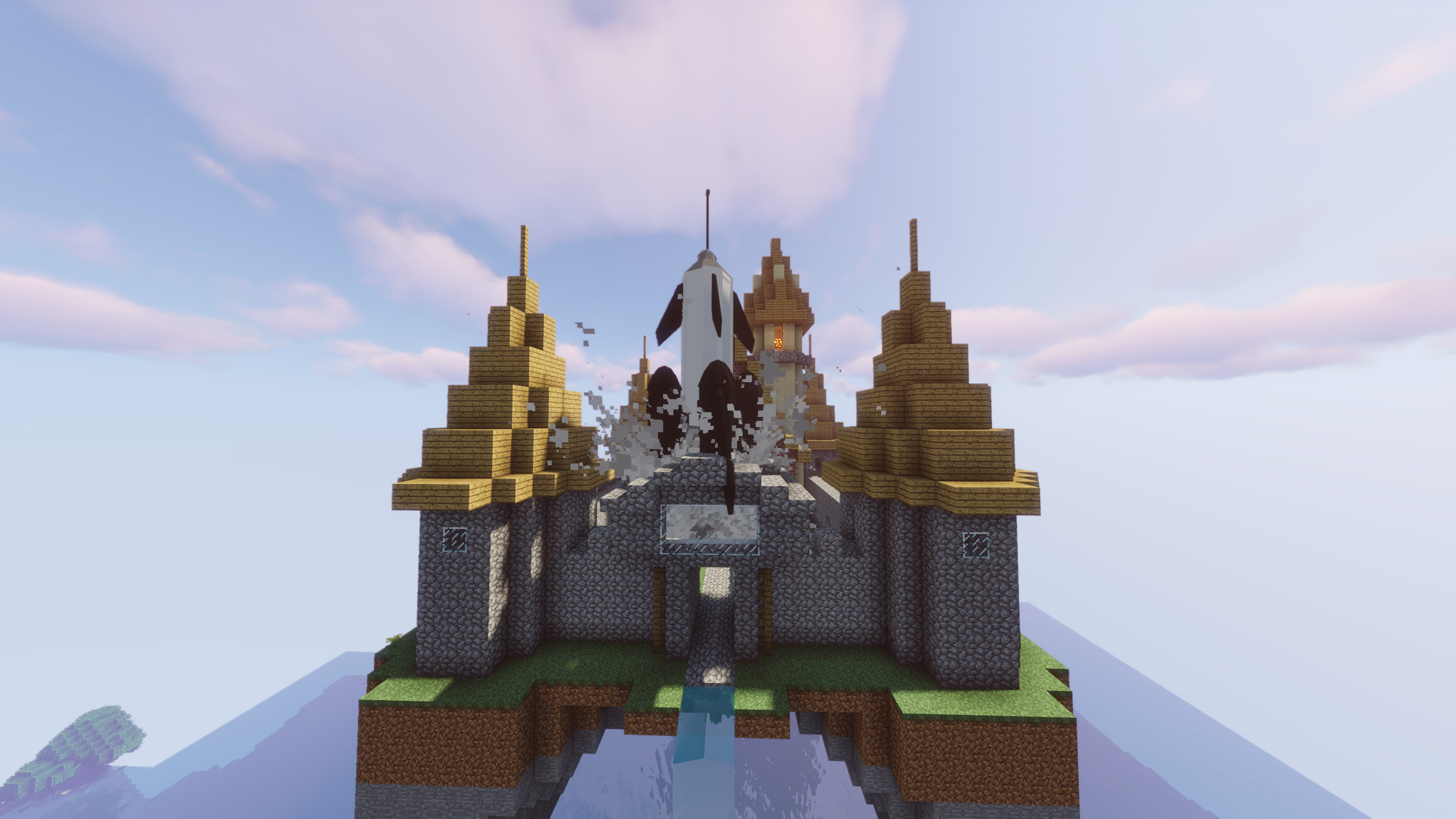A rocket launch off a floating castle.