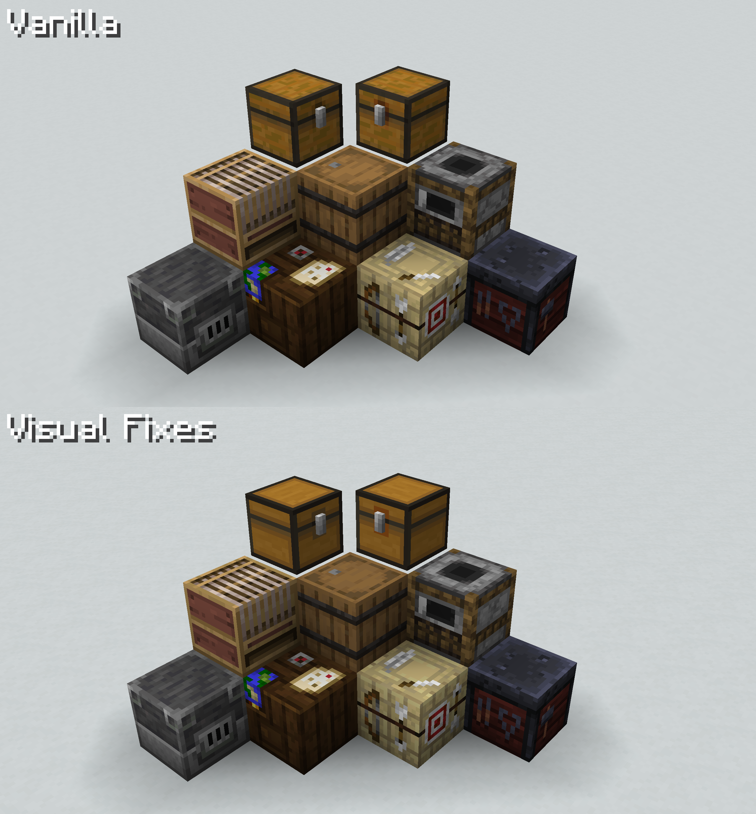 Barrels, fletching tables, smithing tables, and lecterns have had the plank textures/colors updated