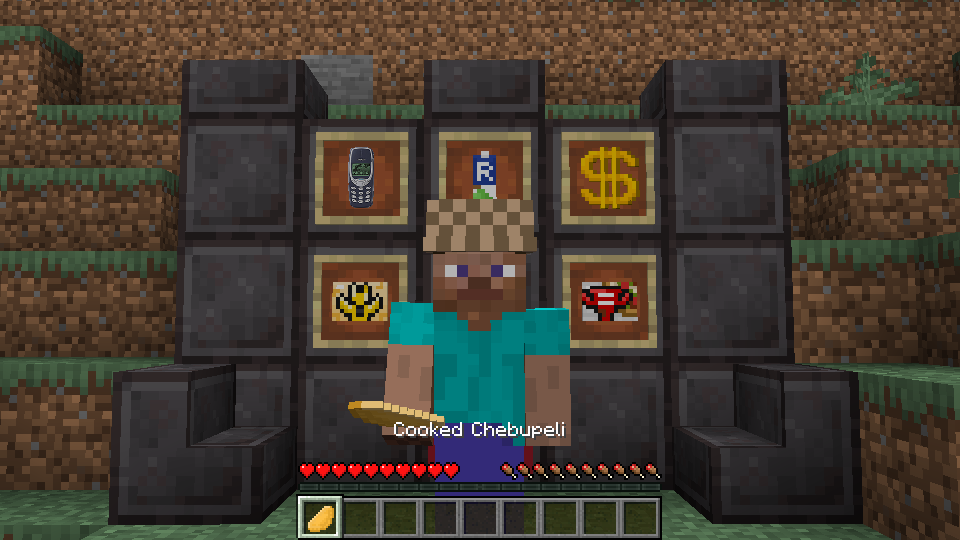 Player with Gucci hat in front of a wall with mod items