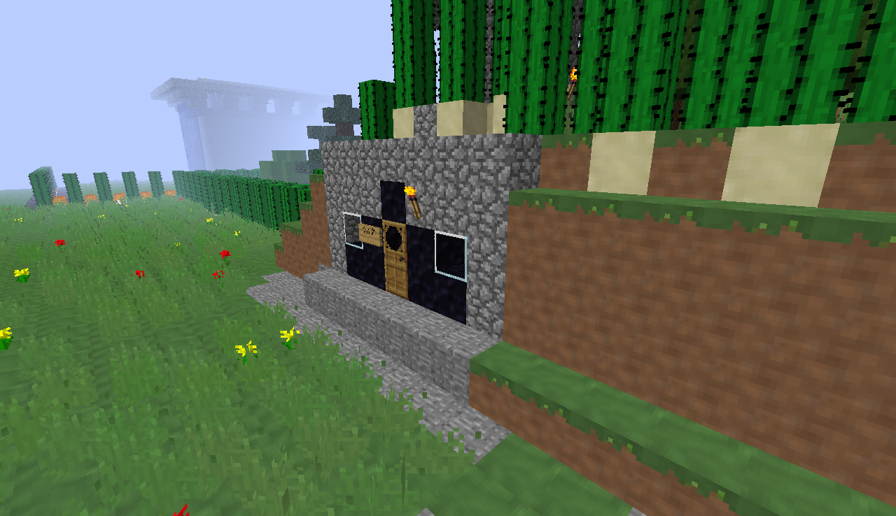 A fort gate, with Obsidian, Dirt, Stone (yes, it's different, but looks almost the same as default), grass, Glass, Door and S...