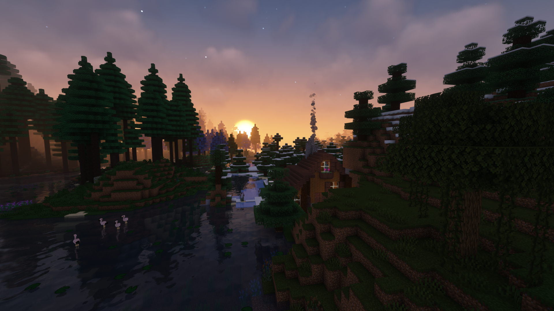 The sun rises in the distance over a peaceful cottage.