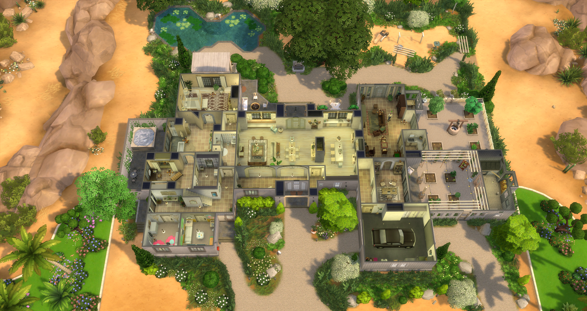 This image shows the layout of the house and yard with roofs down.