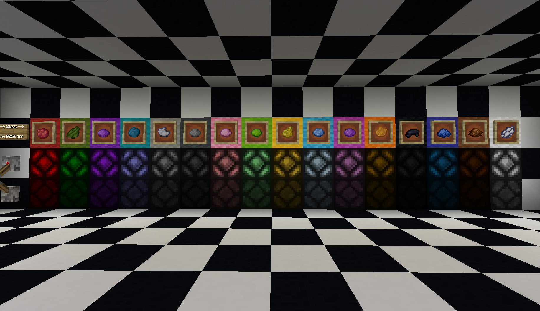 All lamp colours as of version 1.0.0. Please note that the magenta lamp's dye picture is incorrect.