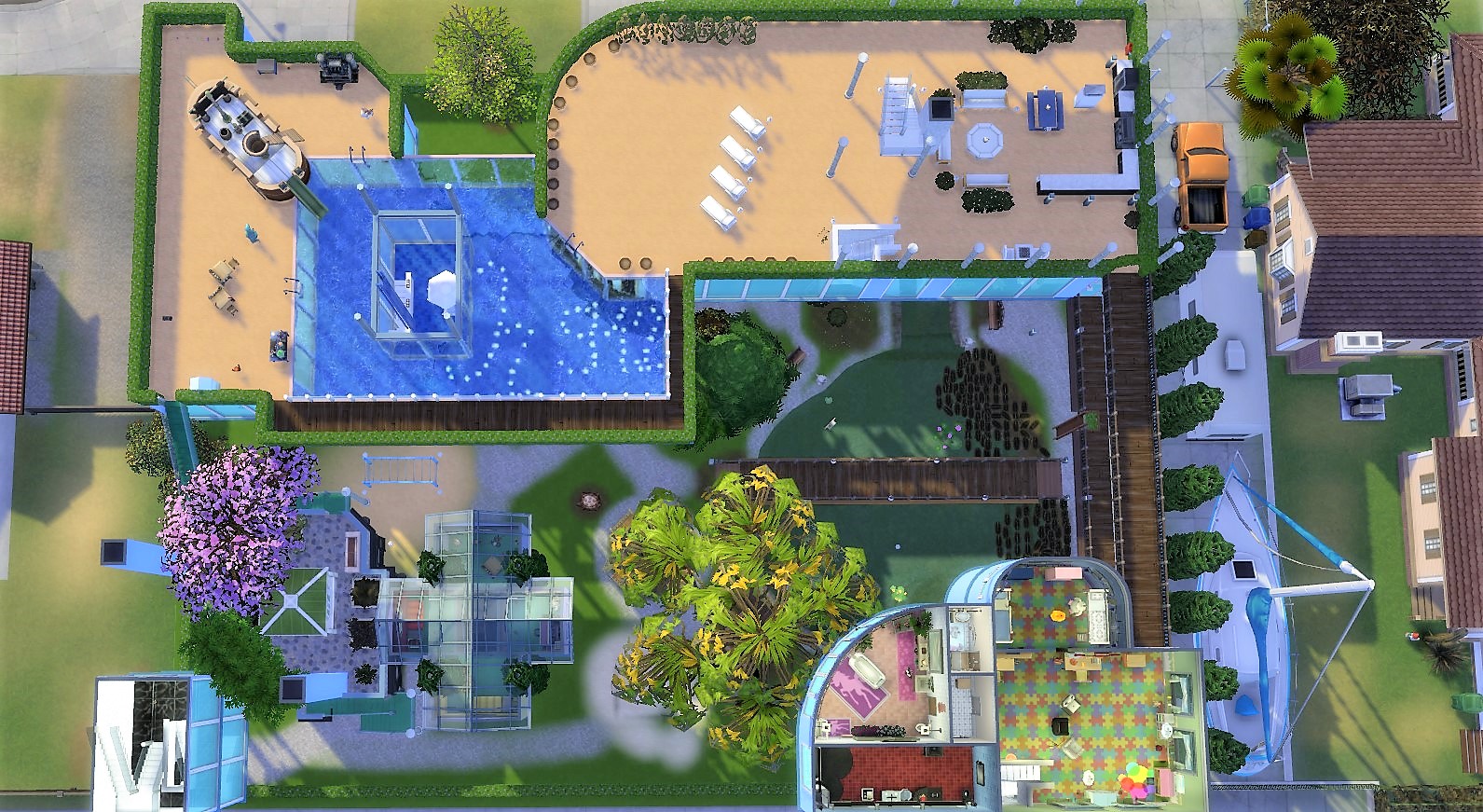 Top View of the 2nd Floor with Children's rooms, Pool area and Garden
