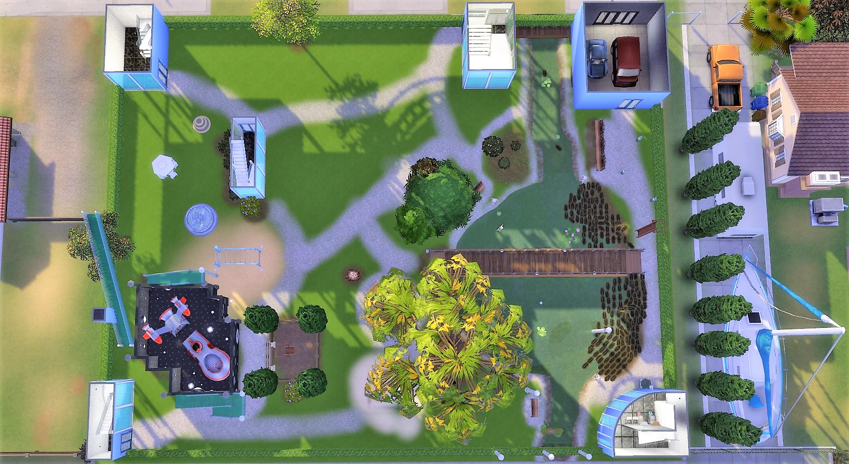 Top View of the Ground Floor with the Entrance, the Garage, the big Garden with the Fishing Pond, and the Children's Sci-Fi-Playground