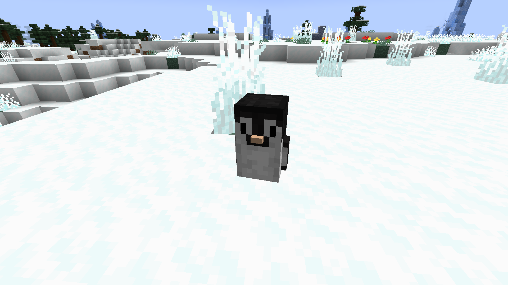The Penguin is a passive mob that likes to hang around players. They are found in snowy plains and beaches, and they can get sheared to get penguin feathers.