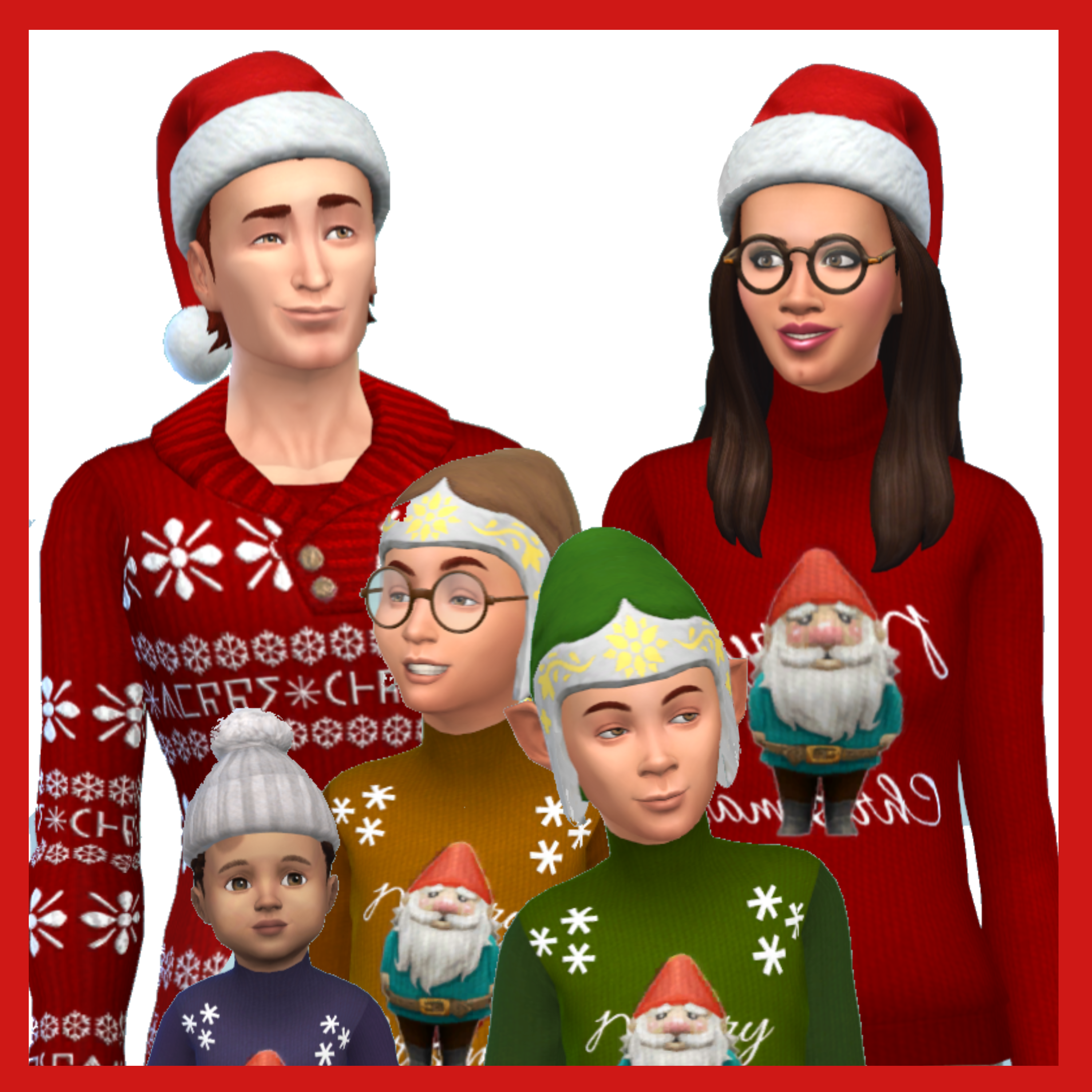 Downlod the X-mas_knitted_sweater Family_pack_1, including ALL the knitted sweaters, or just download the packages separately.
Aviable categories are : Man, Woman, Child and Toddler.
The knitted sweater for woman require the FREE Maxis Christmas kit.