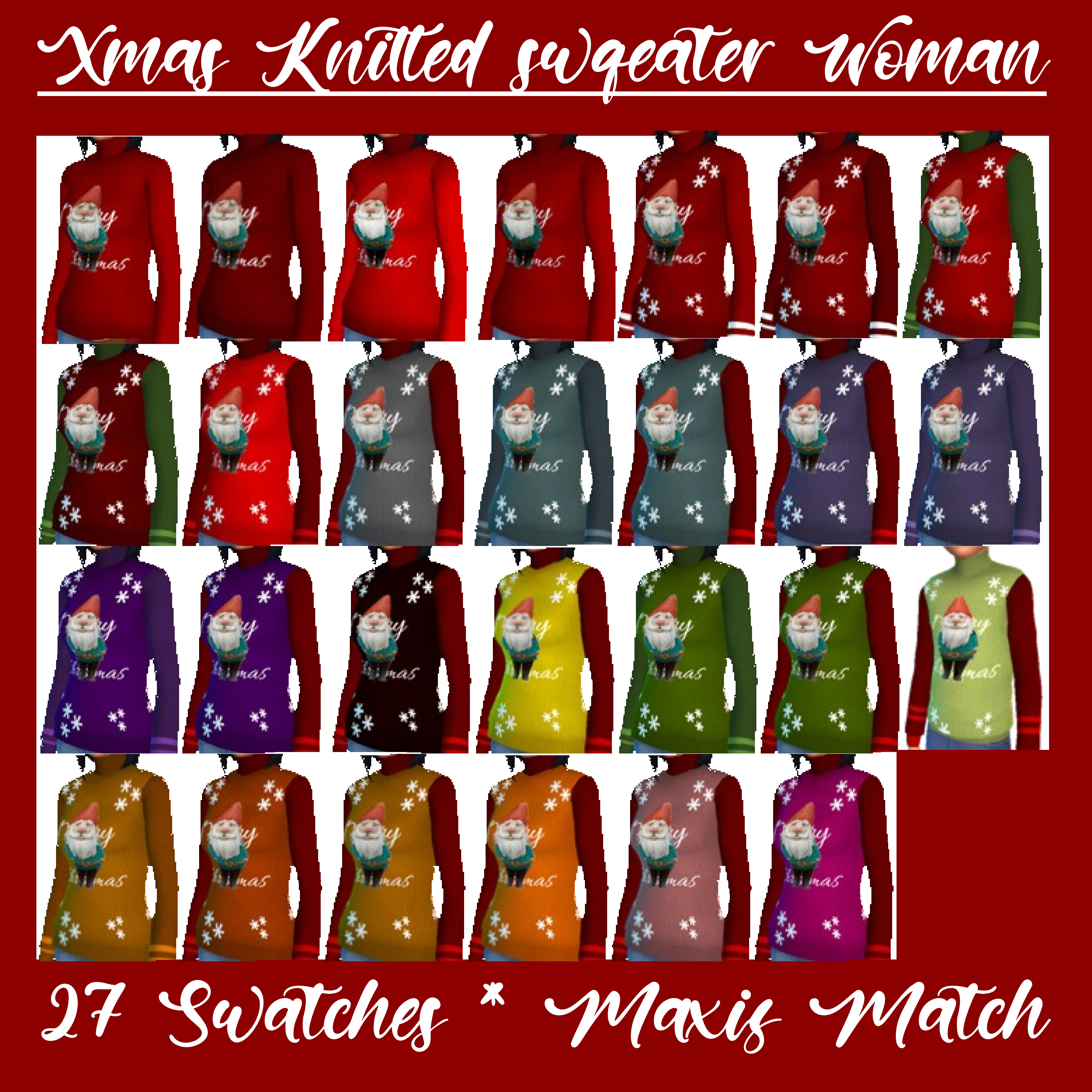 27 Sweaters/Swatches, Maxis Match. The knitted shirt for woman require the FREE Maxis Christmas kit and the Basegame.
