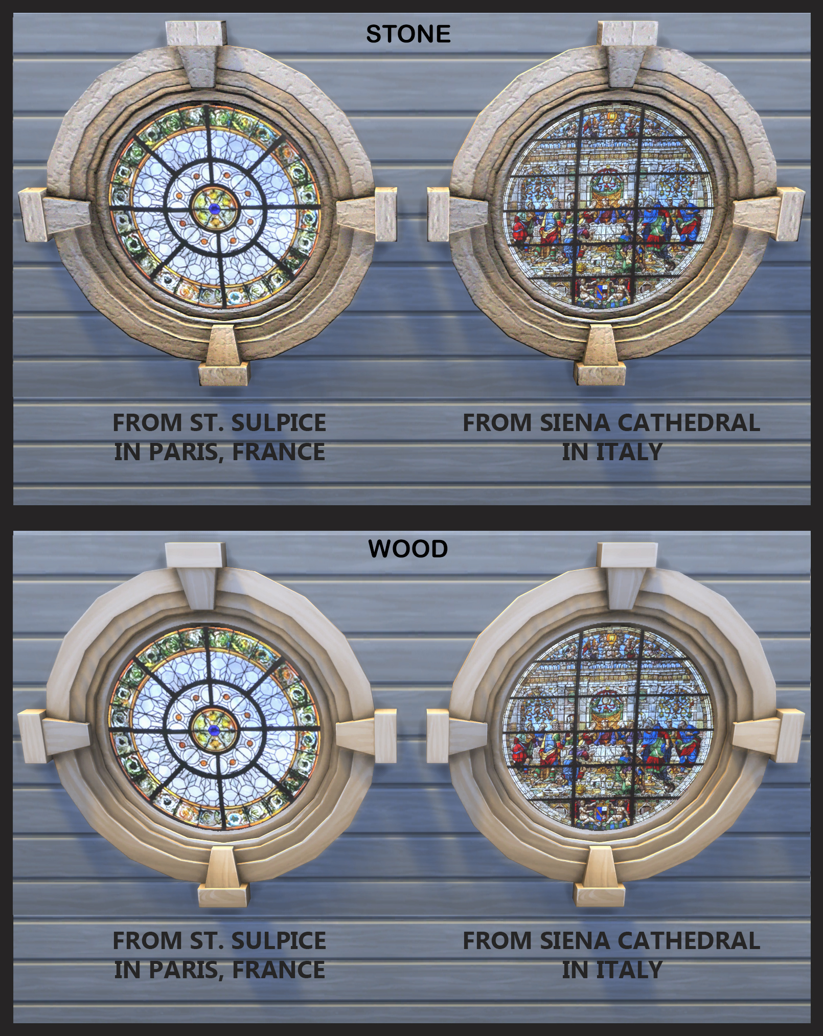 Round windows with tan stone and wood frames