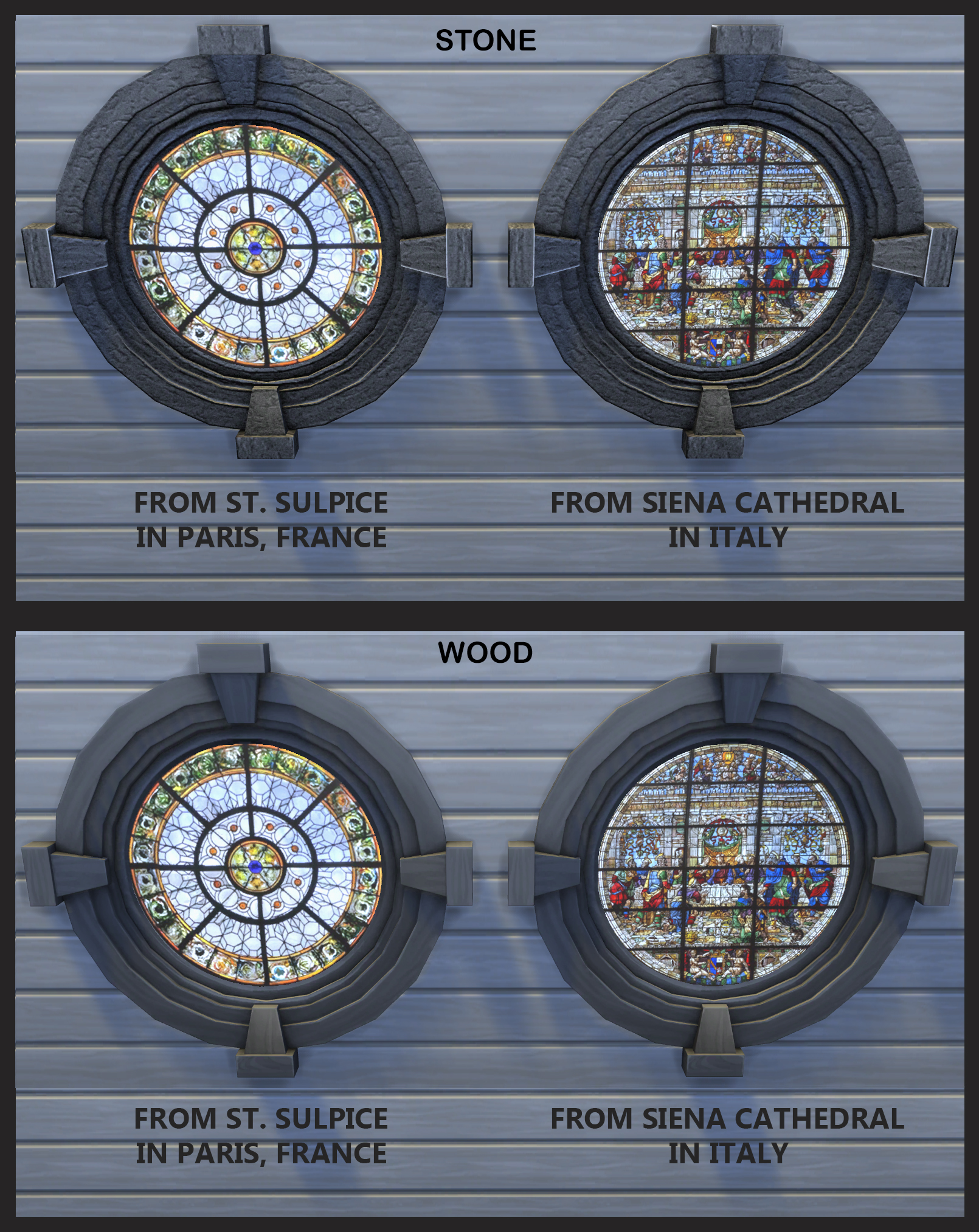 Round windows with dark gray stone and wood frames