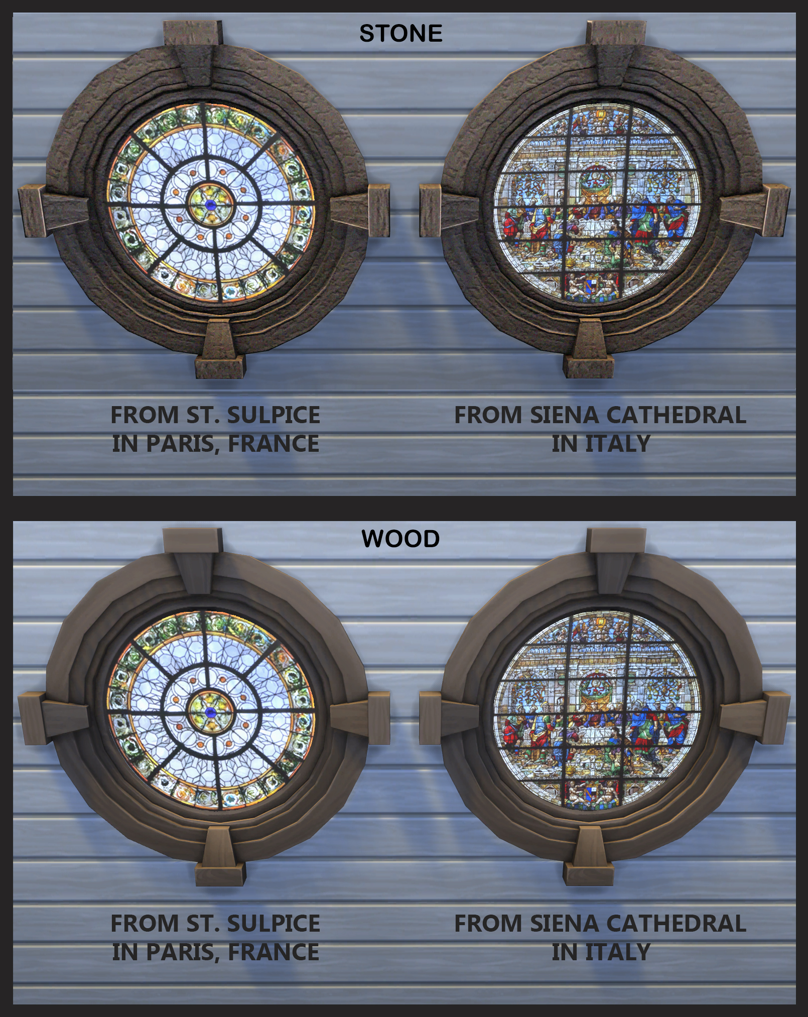 Round windows with brown stone and wood frames