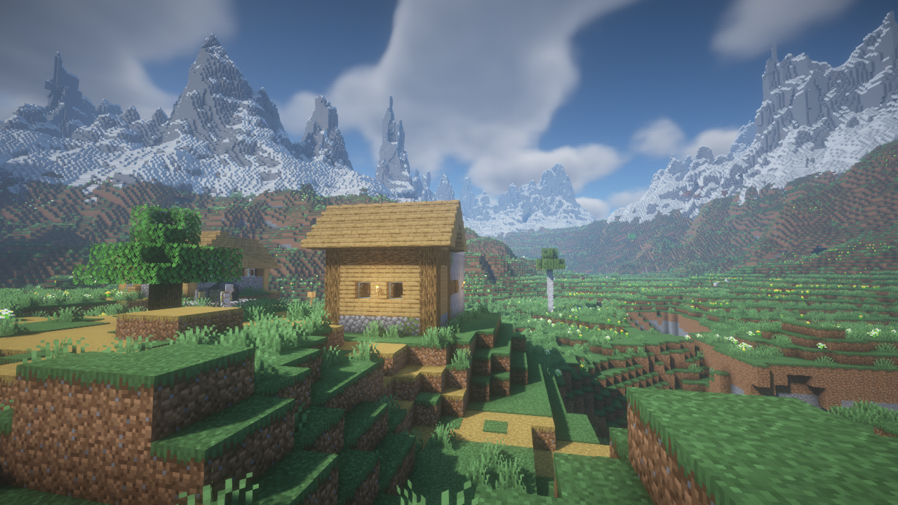 Small Spawn Village with Mountains in background. Seed: 637184628307790