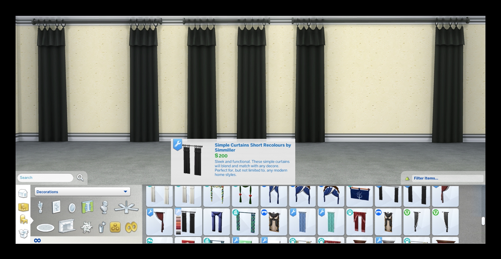 All 3 sizes of curtains and catalog area