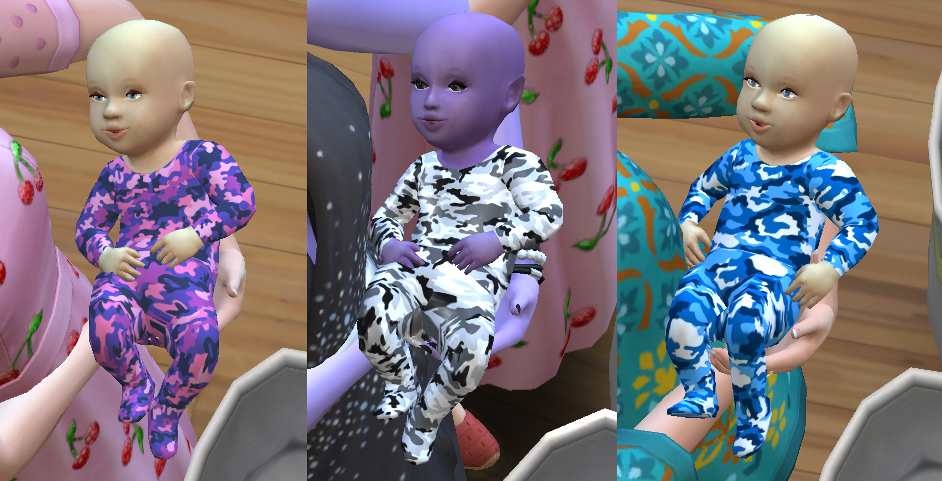This is what the little coloured camo baby outfits will look like in your game