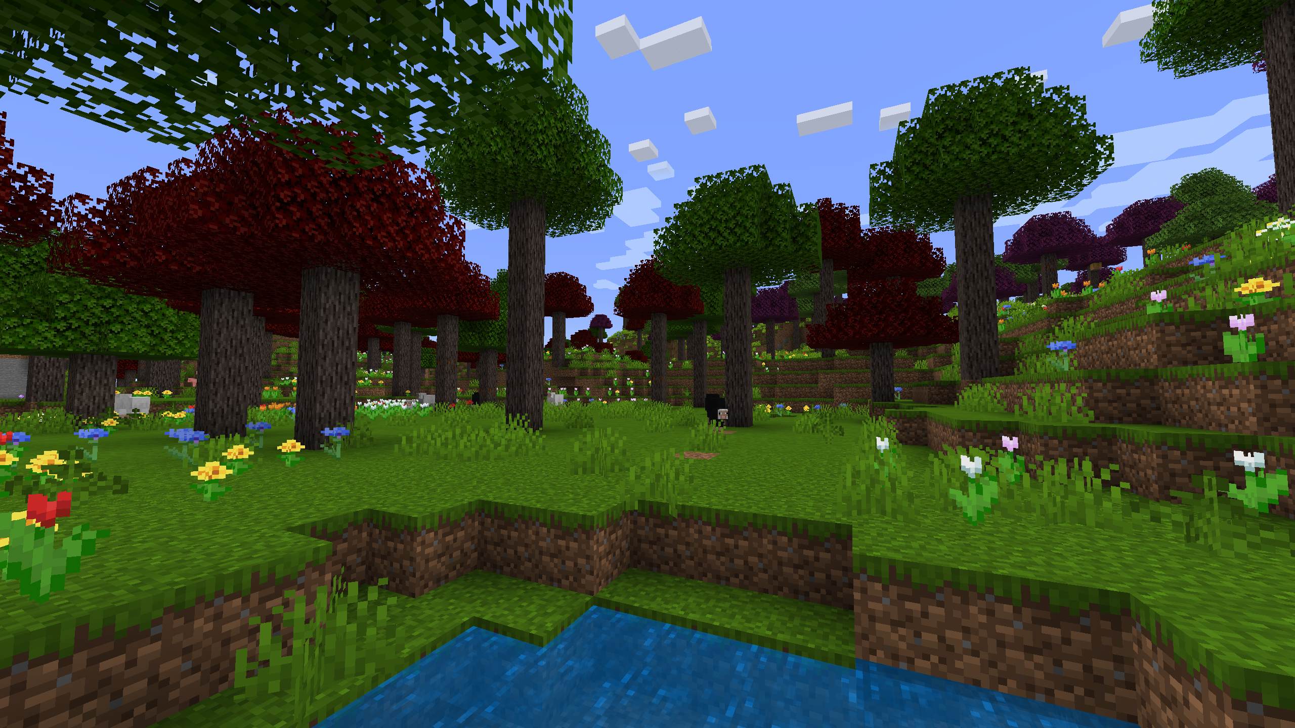A flowery forest with dark red & green maple trees that frequently generate with beehives.