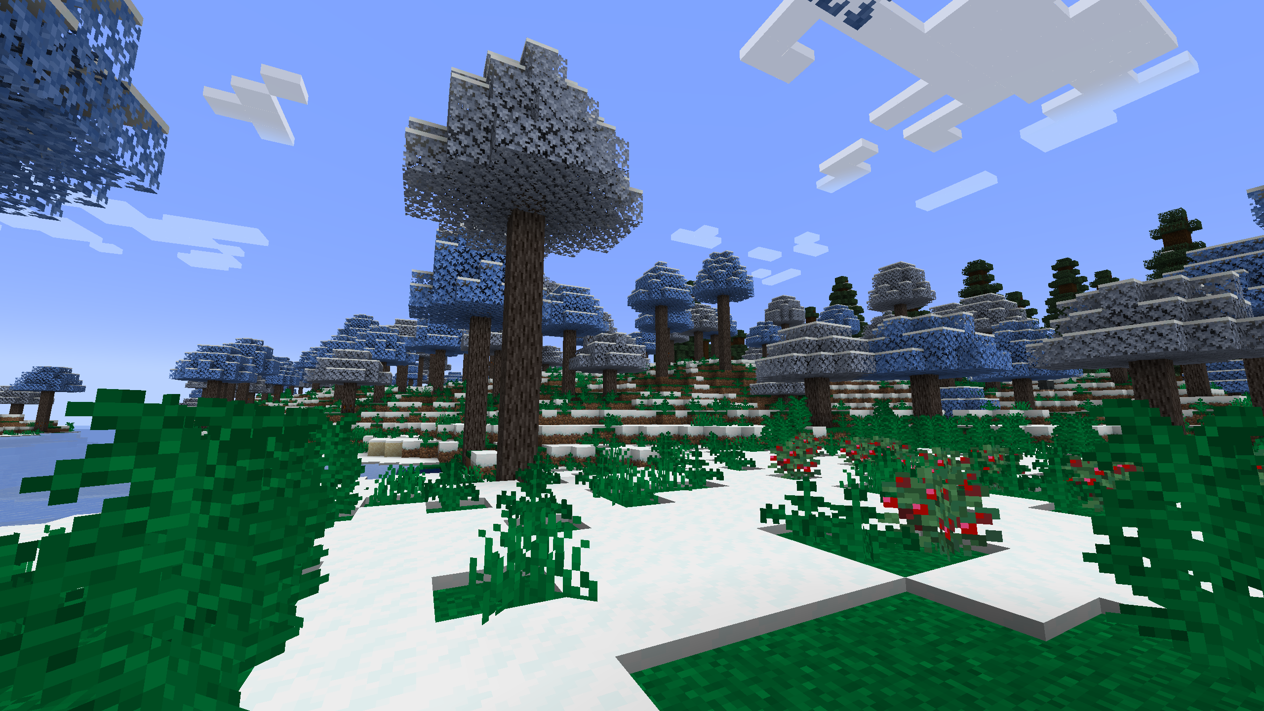 A snowy biome with blue and white maple trees.