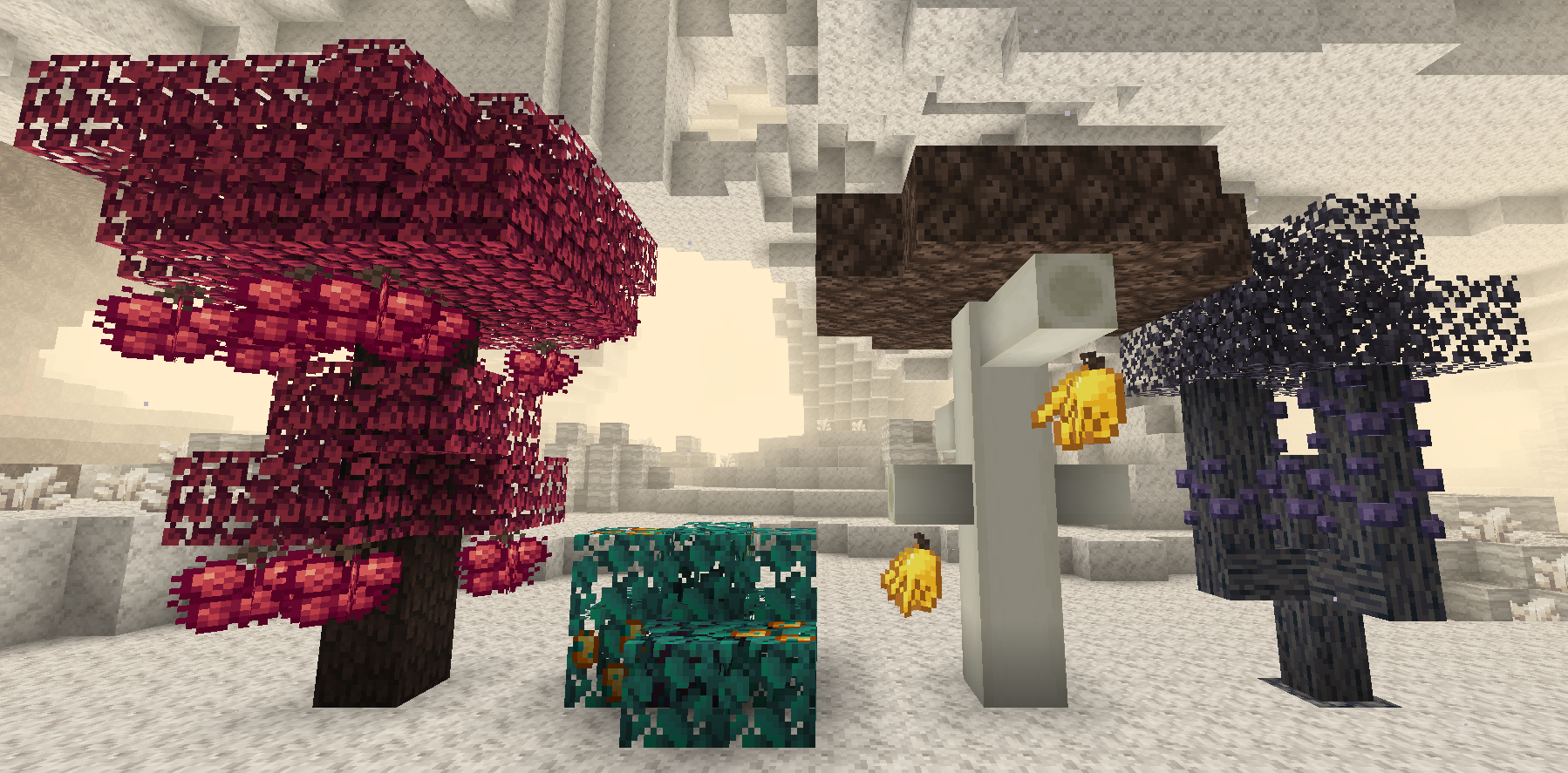 Changed textures include: Rambutan log (side & top), stripped rambutan log (top), rambutan leaves, rambutan block, jabuticaba leaves, kiwano leaves, kiwano block and buddha's hand block.