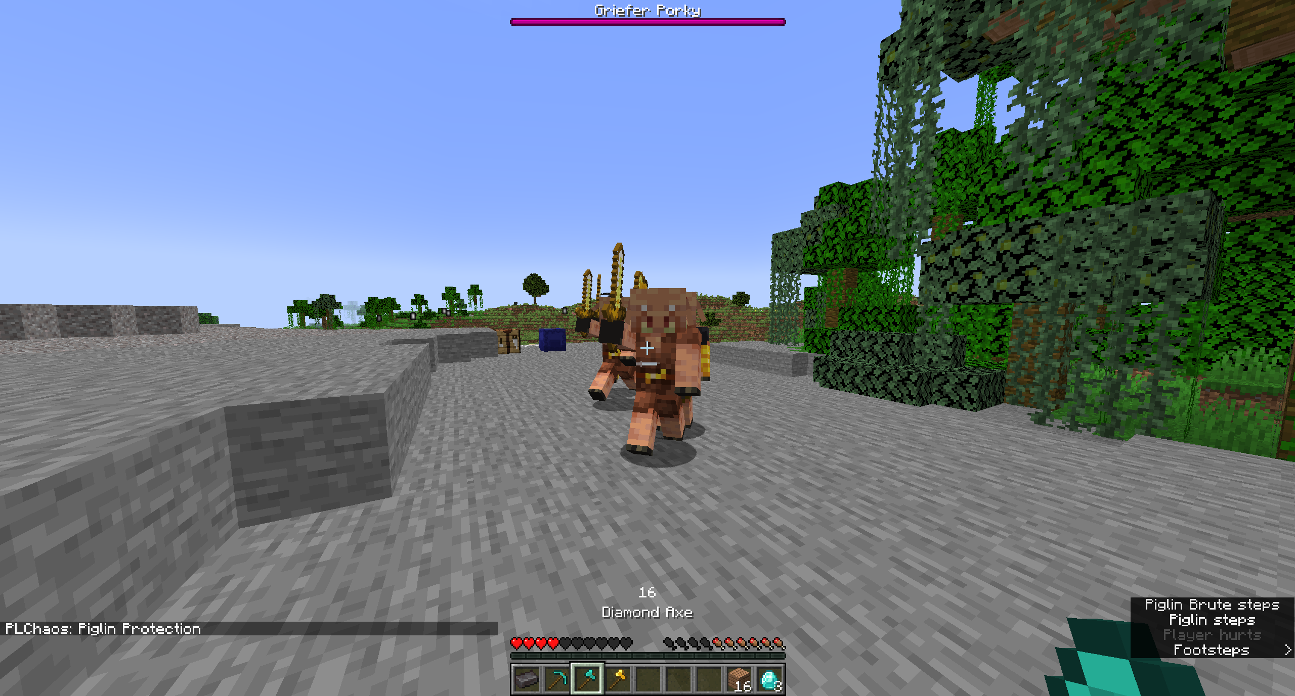 Spawns a few Piglins that will guard a random block. The Piglins zombify after a few seconds, making it safe for you to pick up said block.