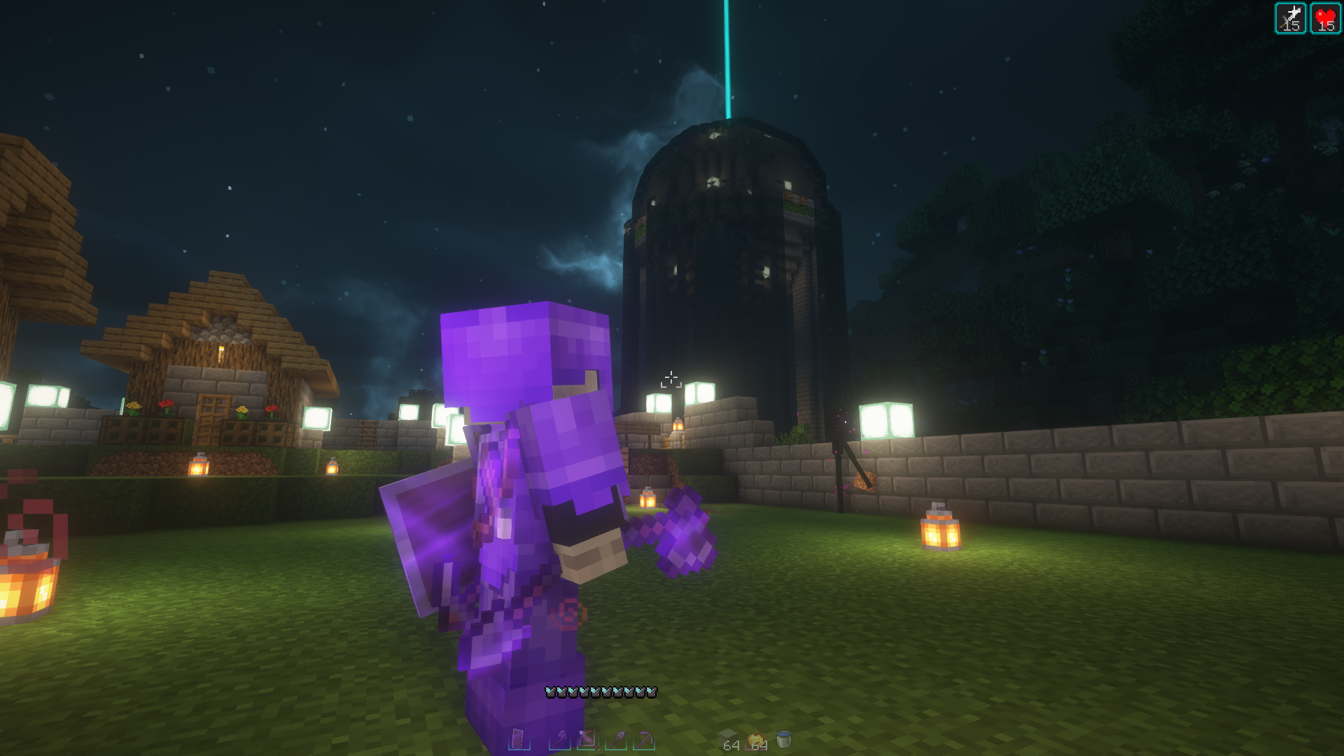 BSL shaderpack, Nicer Skies, Shoulder Surfing Reloaded, Detail Armor Bar, Auto HUD, Dynamic Crosshair, YDM's Weapon Master, and Presence Footsteps.