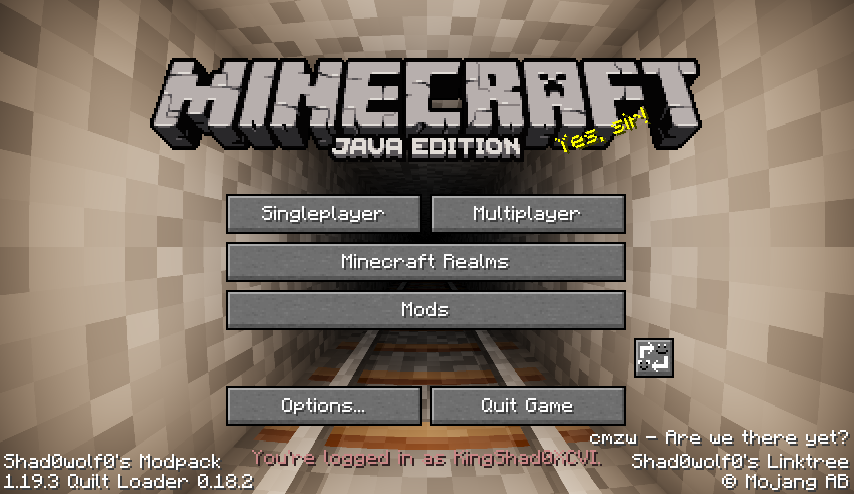 GLSL Panorama Shaders (cmzq - Are we there yet?) as title screen background. Modpack and Linktree on title screen.