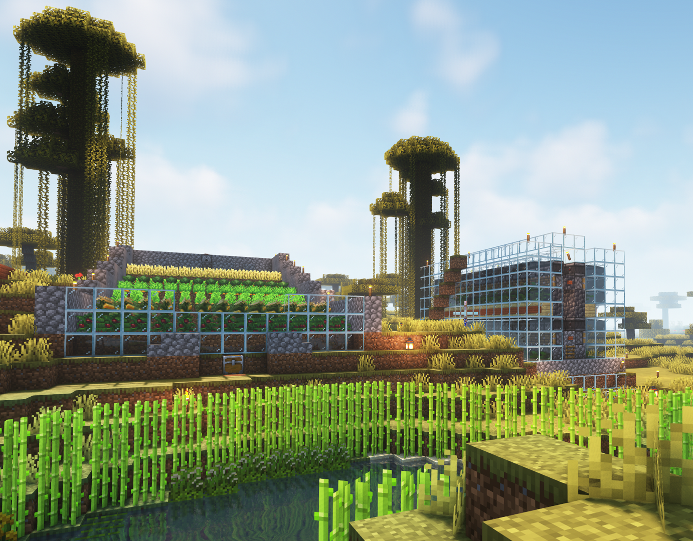 Thumbnail (23.02) We can even play with vanilla elements of minecraft. We can grow tomatoes, corn, soybeans, etc. and harvest them in bulk on a semi-automatic water-flow farm that veteran players love to use.