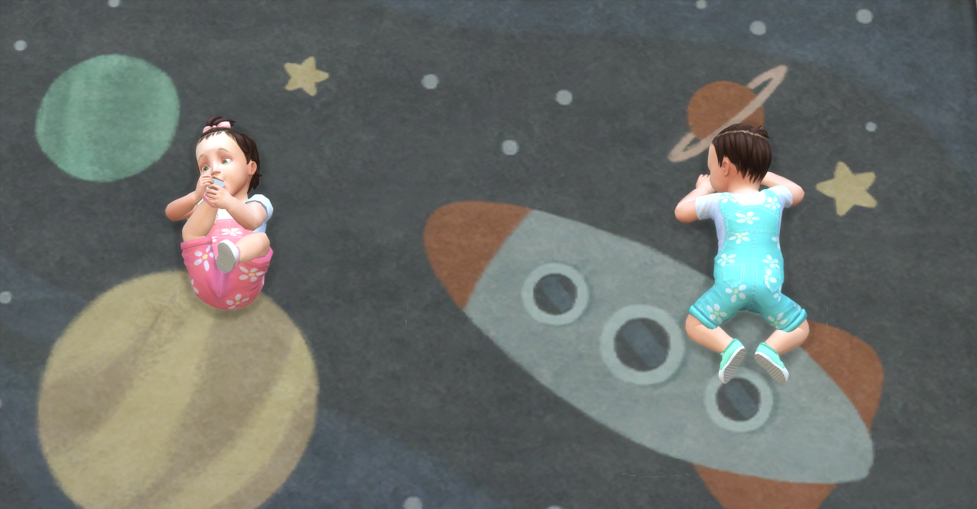 Thumbnail Here both little infants are lying on a big carpet that was manually placed over the invisible tummy time mat default.