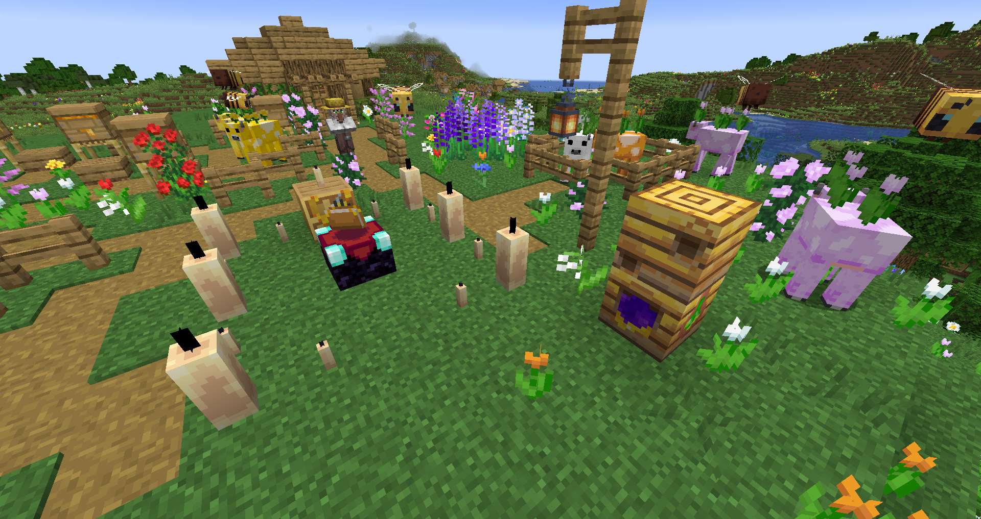 image showcasing a multitude of features of bumblemancy, including plant cows, magical bee nests and other bee themed magic items